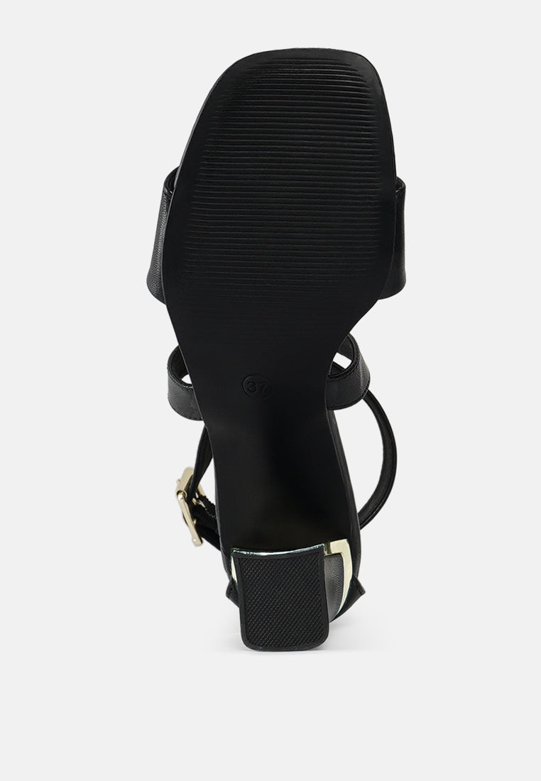 women square toe strappy block heels#color_black