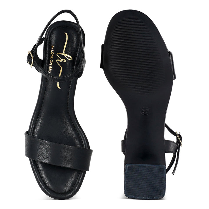 women pin buckle strap block heels#color_black