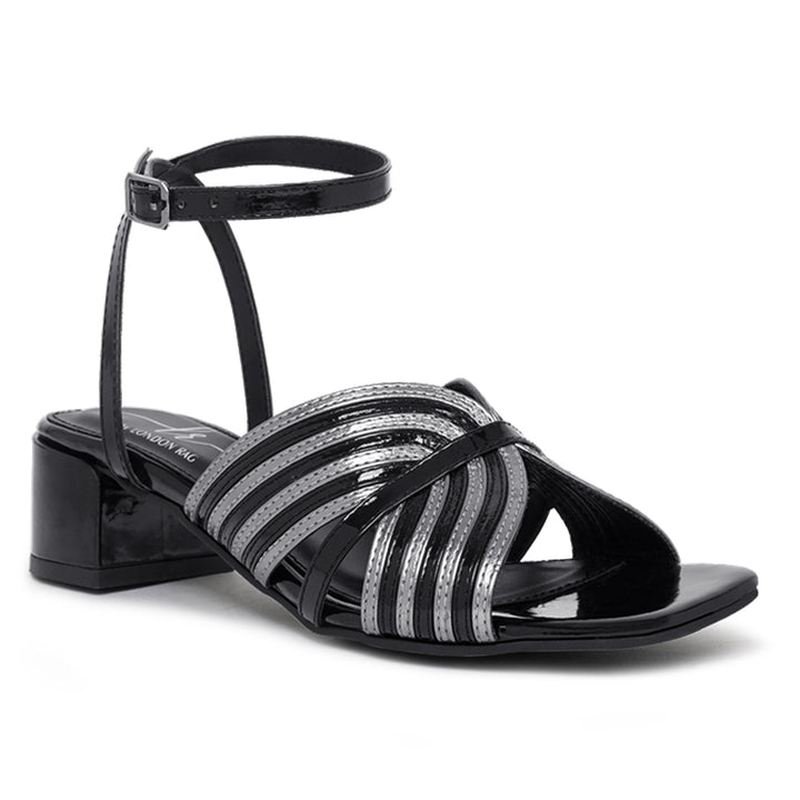 women square toe criss-cross ankle strap sandals#color_black-silver