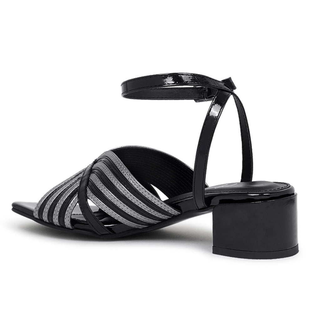 women square toe criss-cross ankle strap sandals#color_black-silver