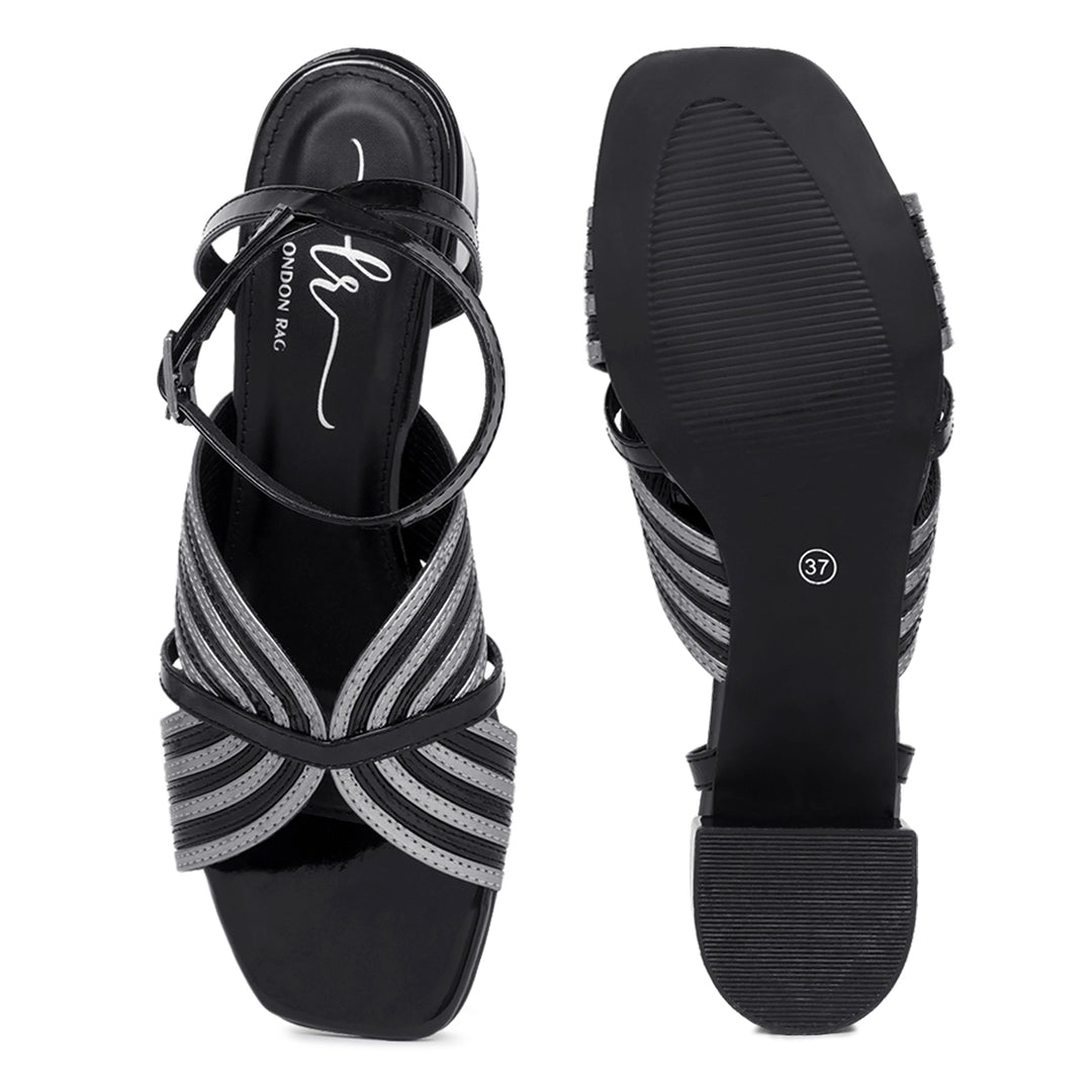 women square toe criss-cross ankle strap sandals#color_black-silver