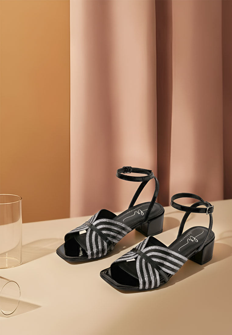 women square toe criss-cross ankle strap sandals#color_black