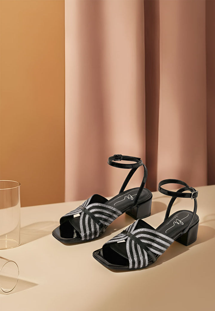 women square toe criss-cross ankle strap sandals#color_black