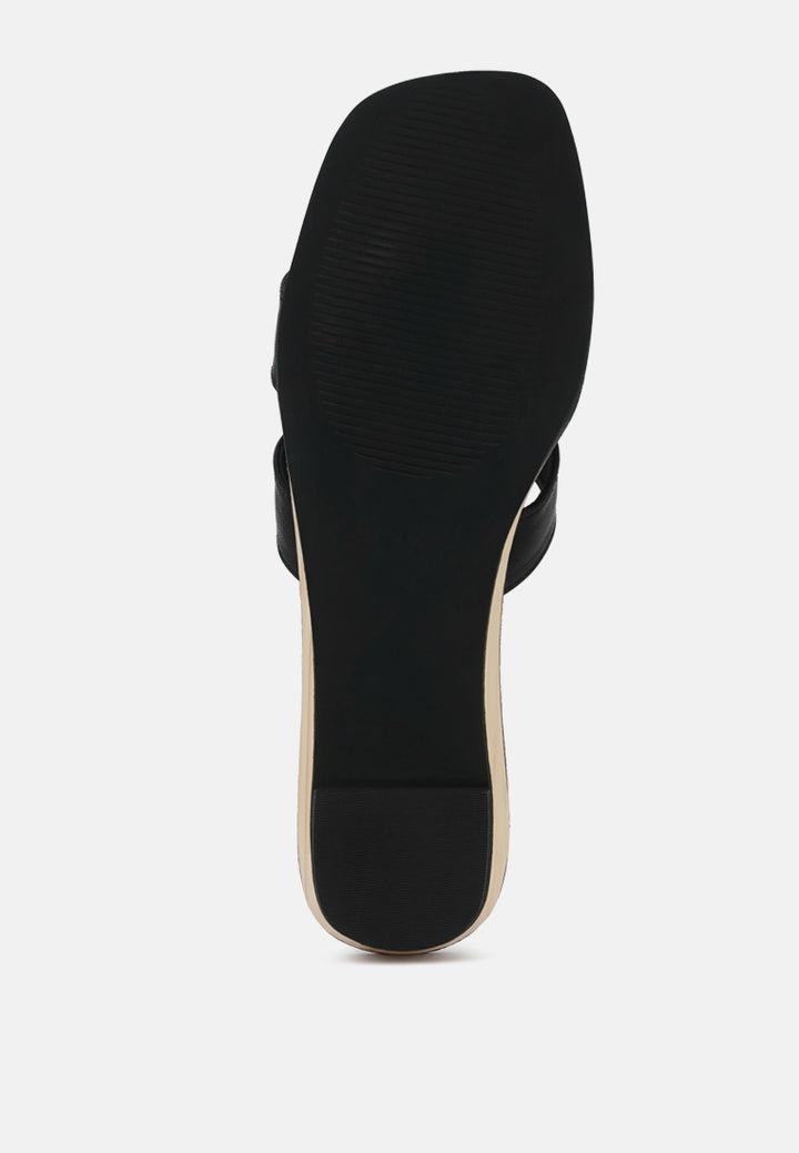 women faux leather wooden heel mules#color_black