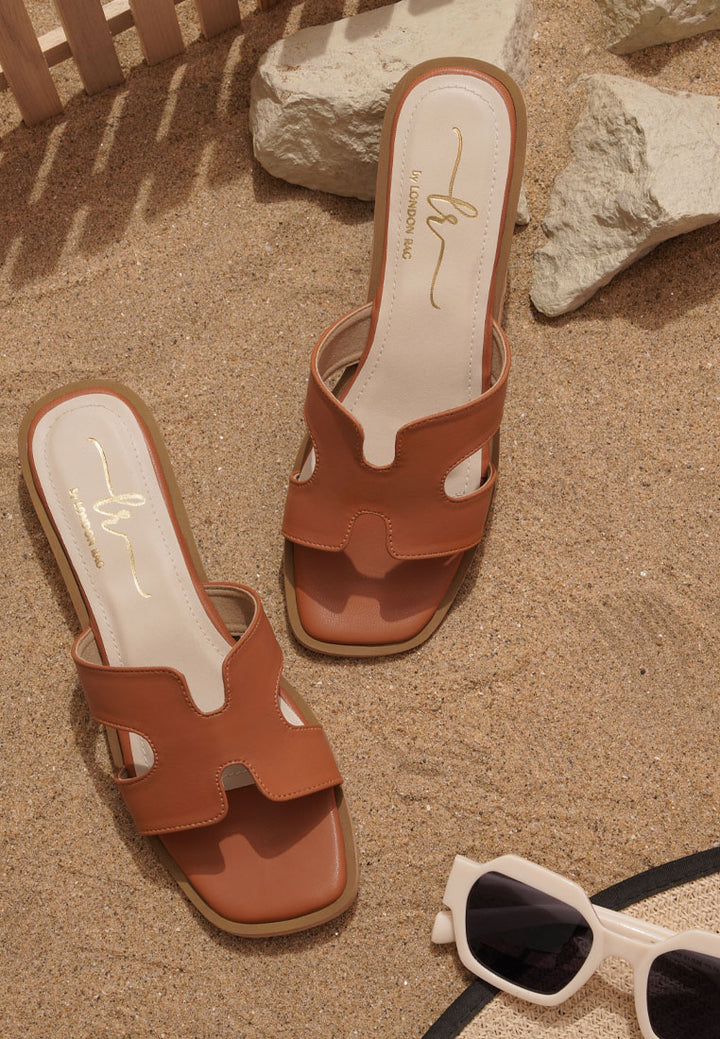 women faux leather wooden heel mules#color_tan