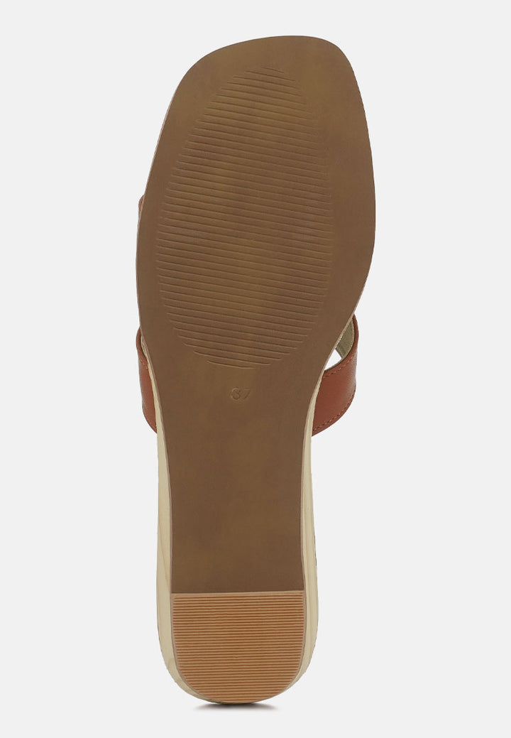 women faux leather wooden heel mules#color_tan