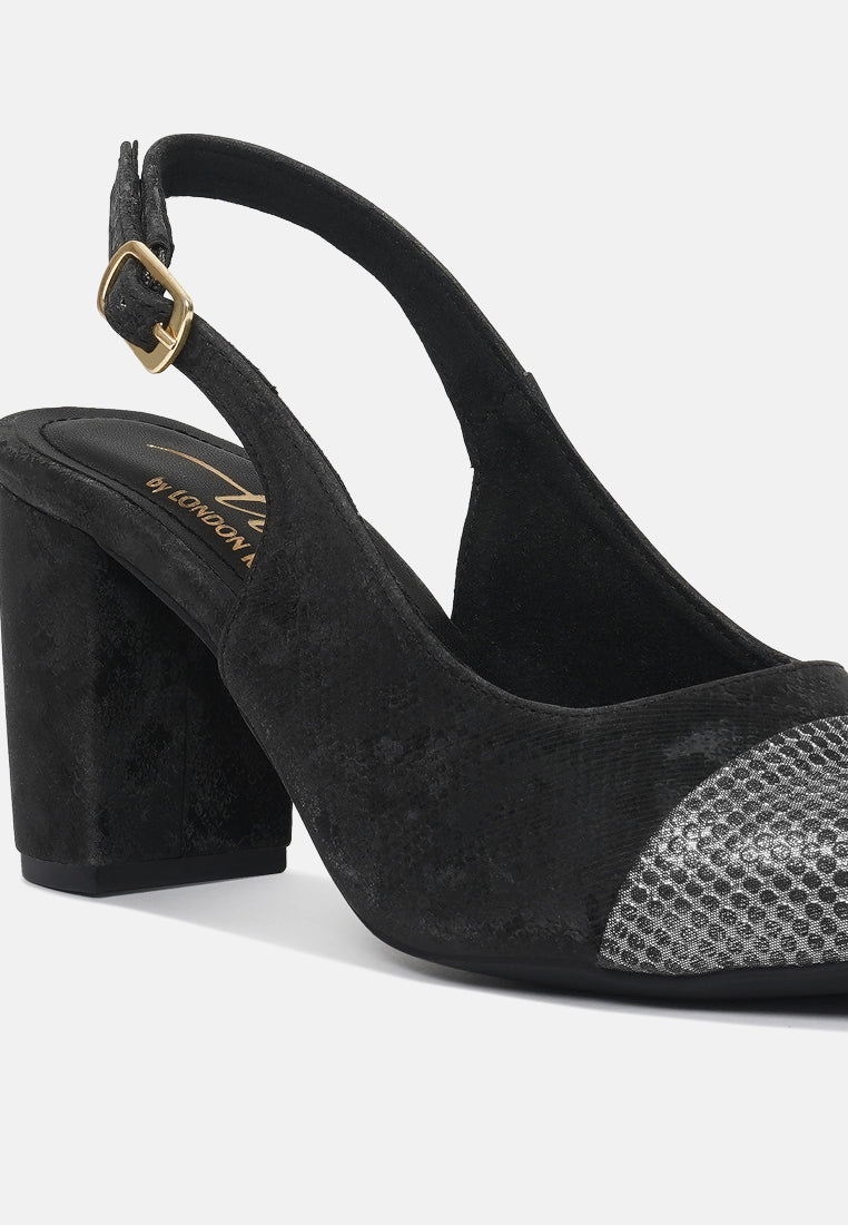 women pin buckle metallic toe cap heels#color_black