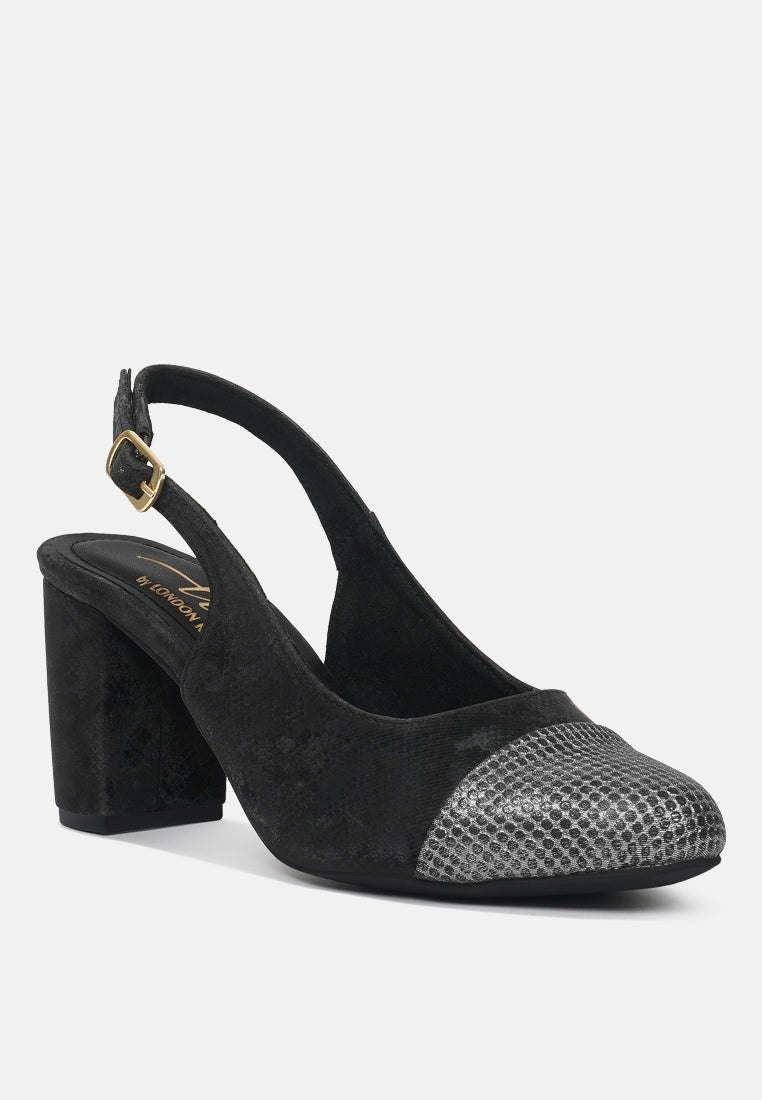 women pin buckle metallic toe cap heels#color_black