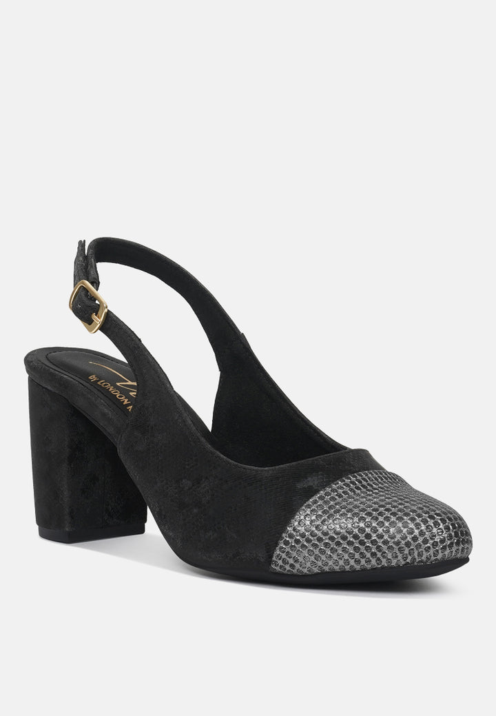 women pin buckle metallic toe cap heels#color_black