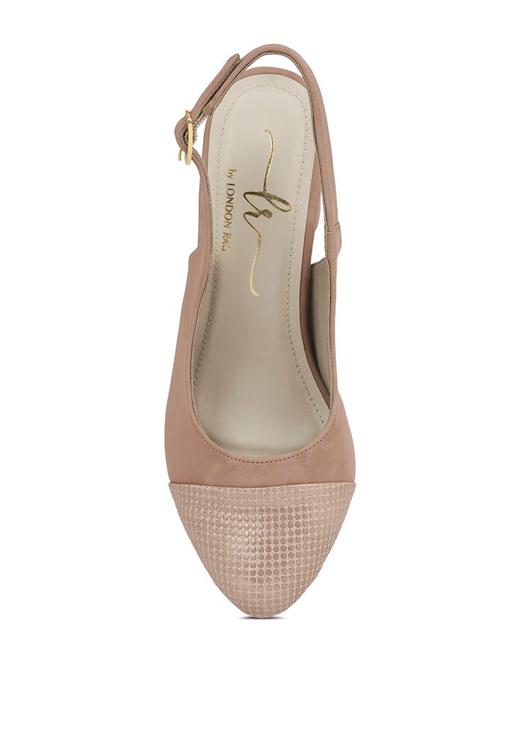 women pin buckle metallic toe cap heels#color_blush