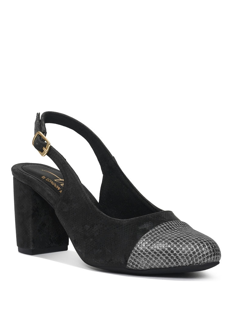 women pin buckle metallic toe cap heels#color_black