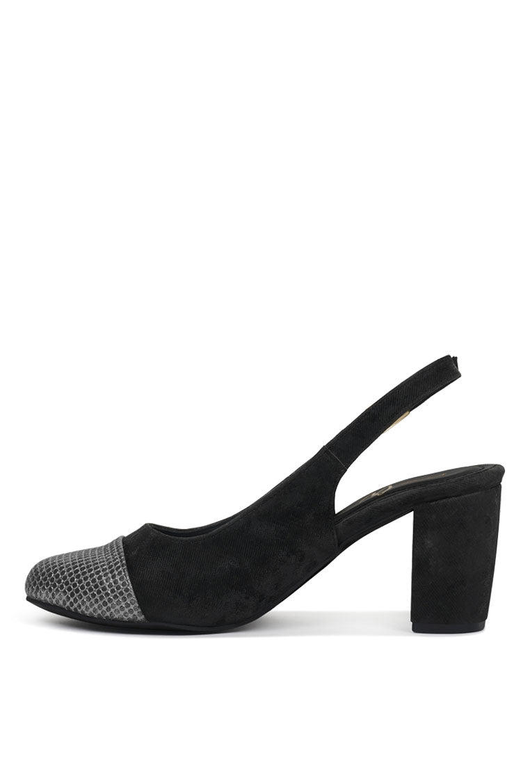 women pin buckle metallic toe cap heels#color_black