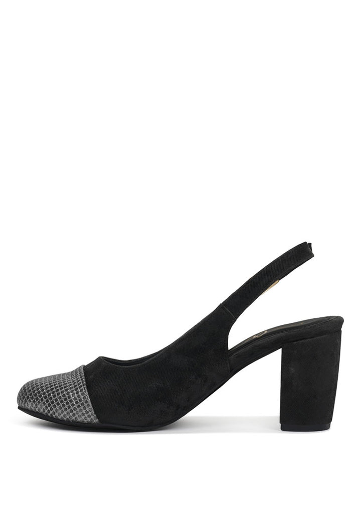 women pin buckle metallic toe cap heels#color_black