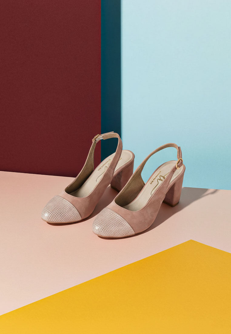 women pin buckle metallic toe cap heels#color_blush