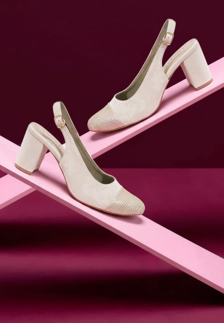 women pin buckle metallic toe cap heels#color_cream