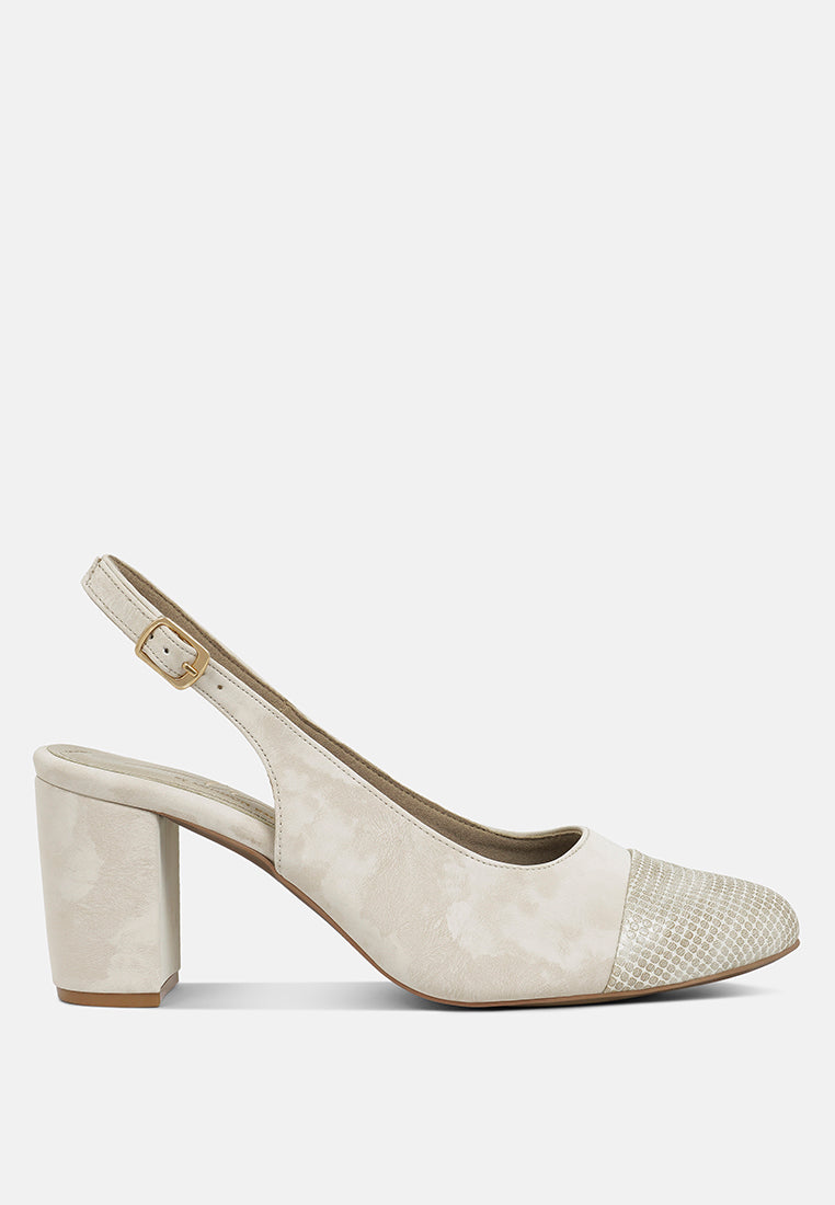 women pin buckle metallic toe cap heels#color_cream