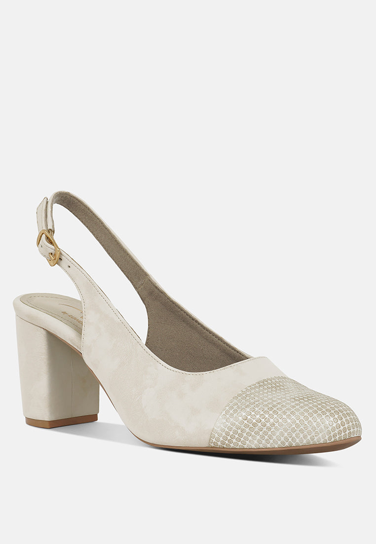 women pin buckle metallic toe cap heels#color_cream