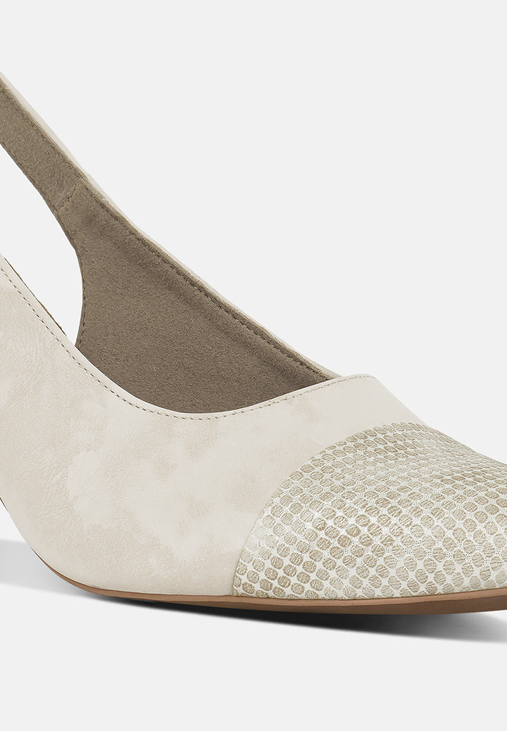 women pin buckle metallic toe cap heels#color_cream