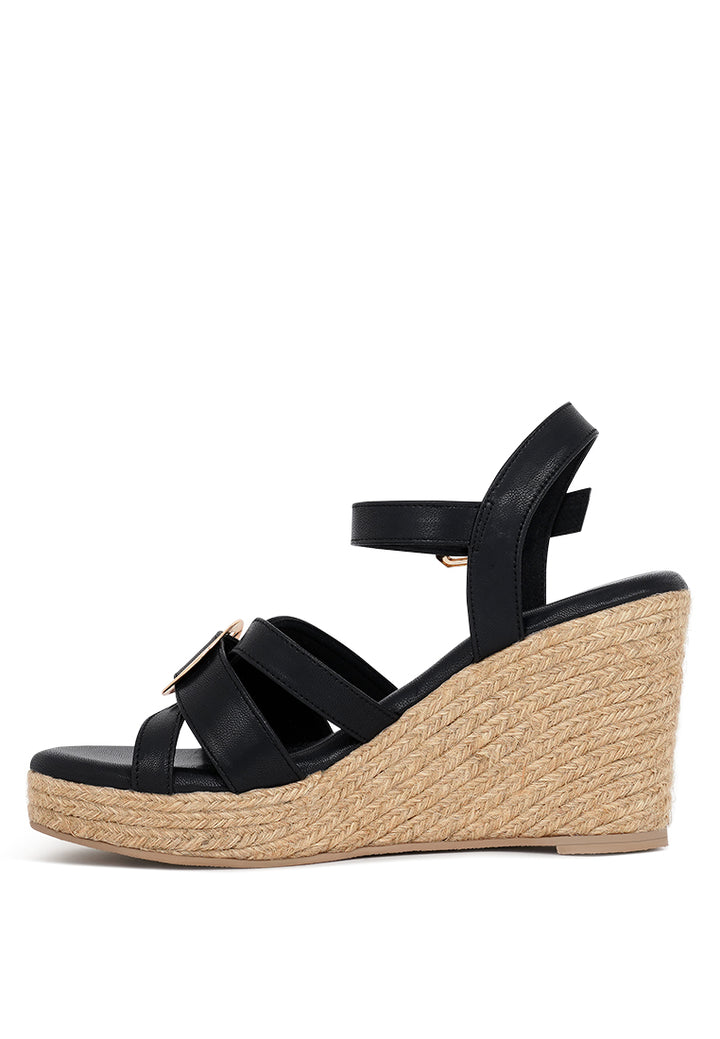 women comfortable pin buckle espadrille wedges#color_black