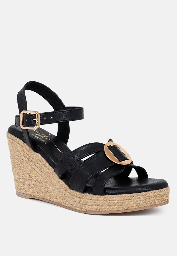 women comfortable pin buckle espadrille wedges#color_black