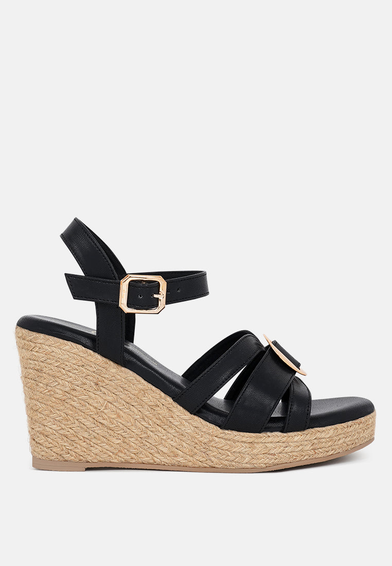 women comfortable pin buckle espadrille wedges#color_black