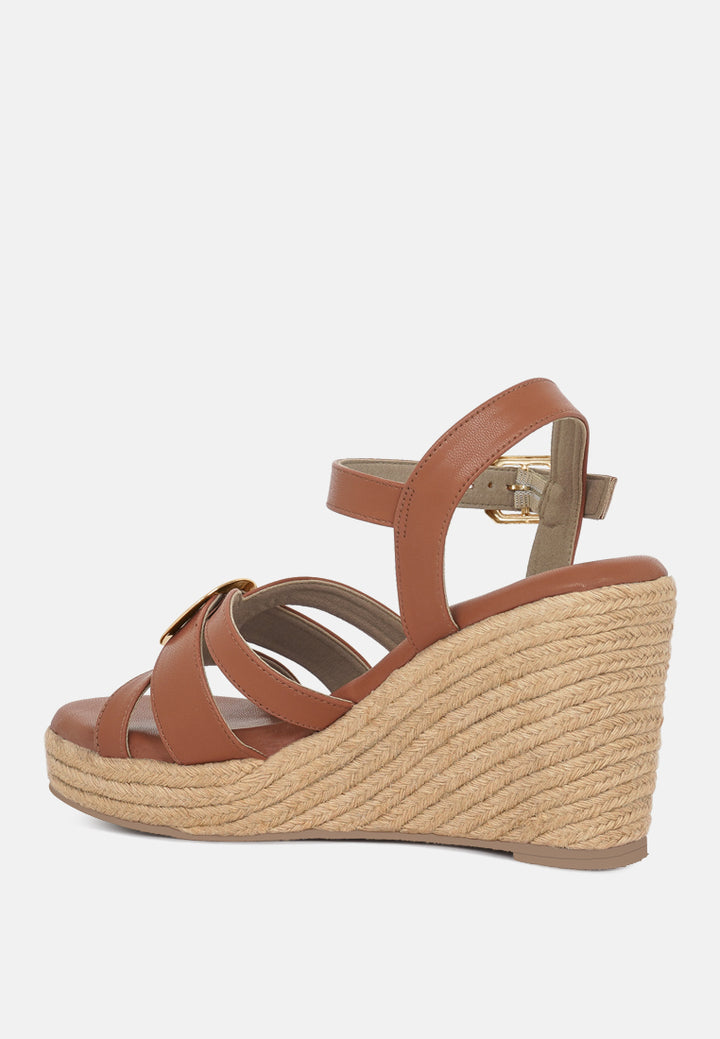 women comfortable pin buckle espadrille wedges#color_tan