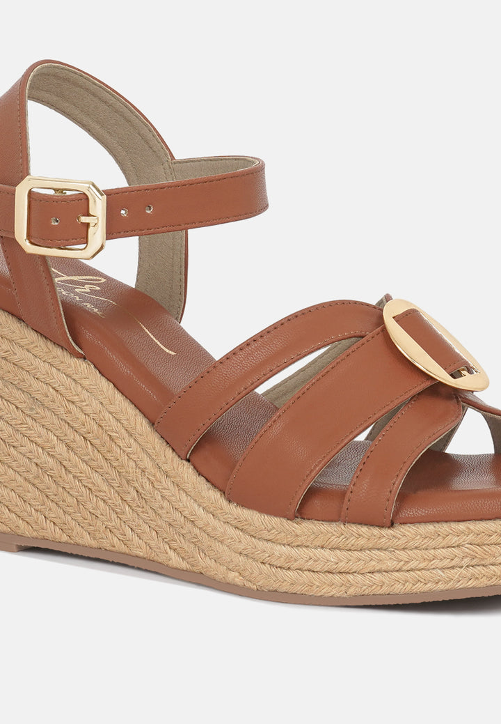 women comfortable pin buckle espadrille wedges#color_tan