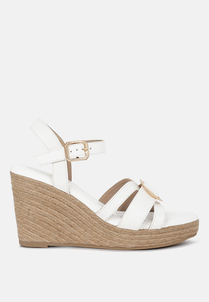women comfortable pin buckle espadrille wedges#color_white