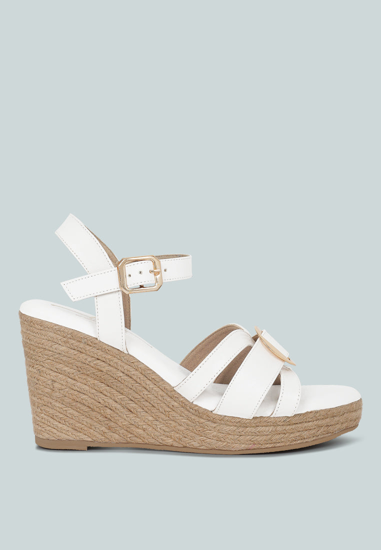 women comfortable pin buckle espadrille wedges#color_white