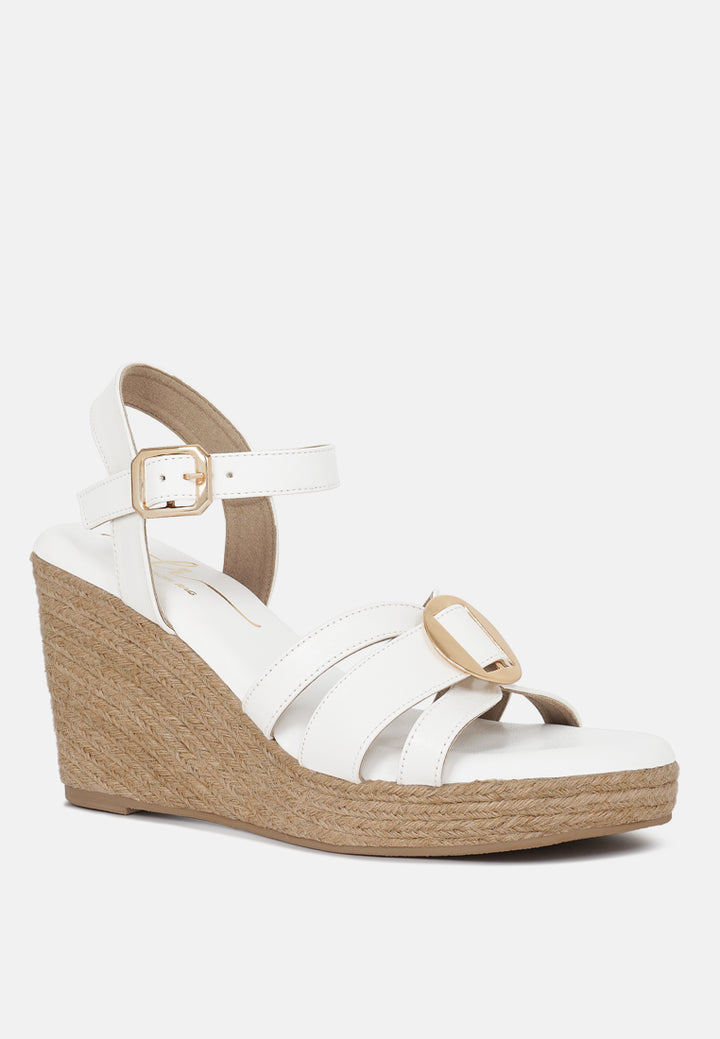 women comfortable pin buckle espadrille wedges#color_white