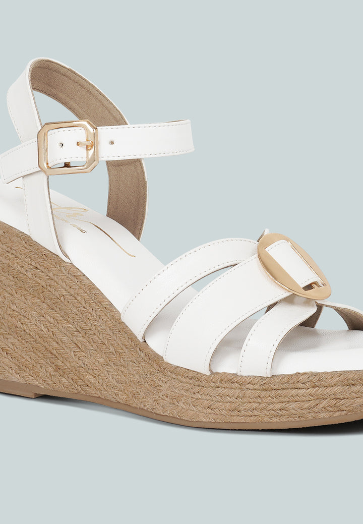 women comfortable pin buckle espadrille wedges#color_white