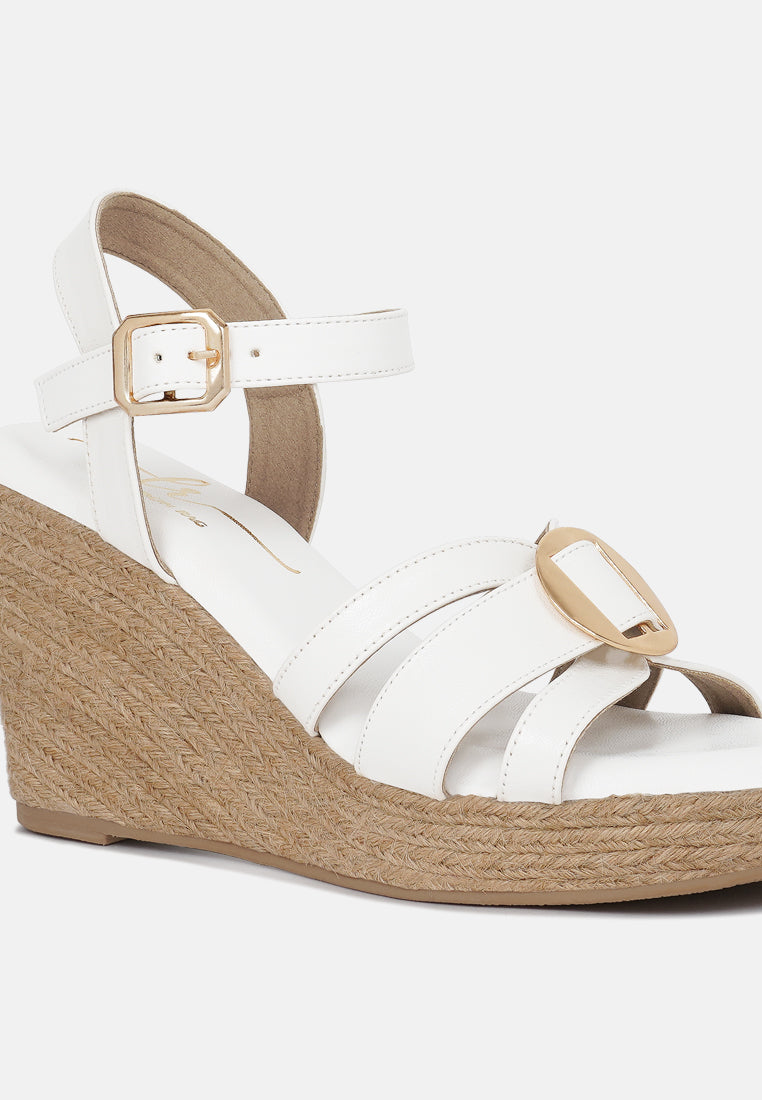 women comfortable pin buckle espadrille wedges#color_white
