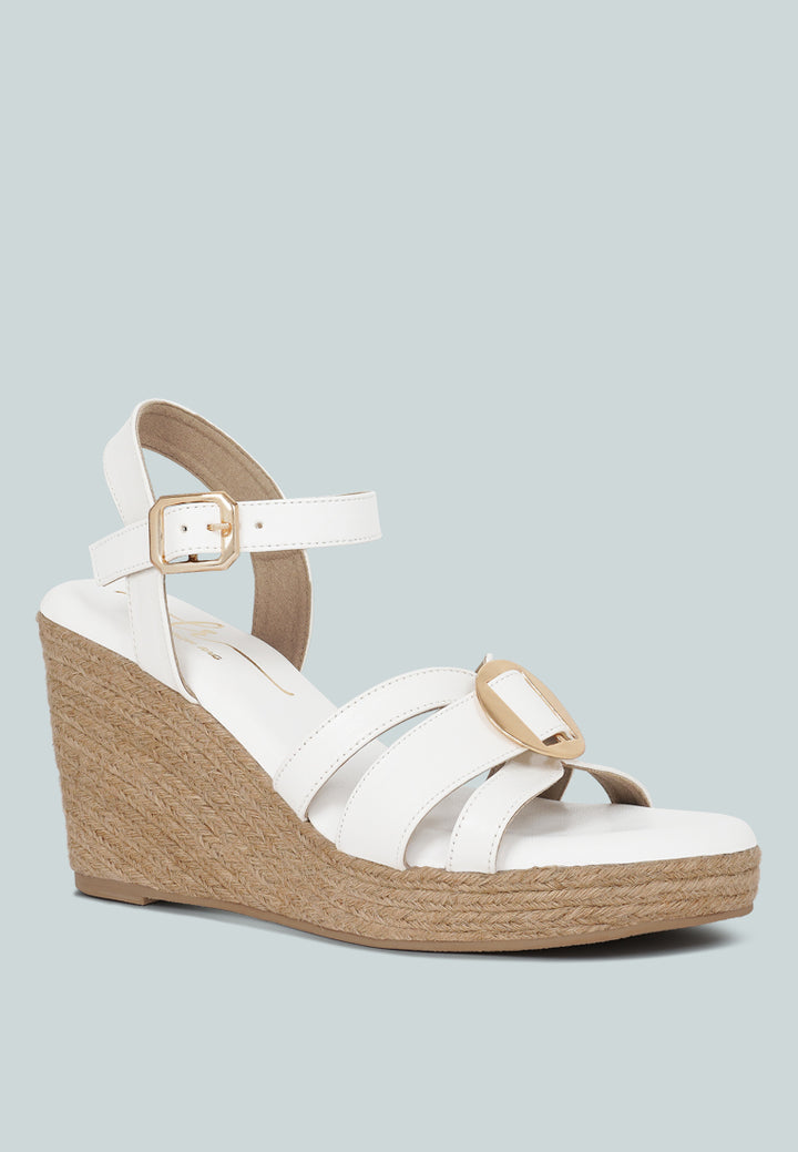 women comfortable pin buckle espadrille wedges#color_white