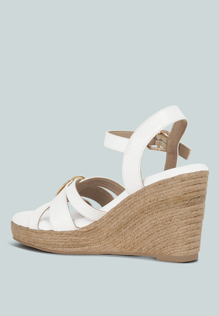 women comfortable pin buckle espadrille wedges#color_white