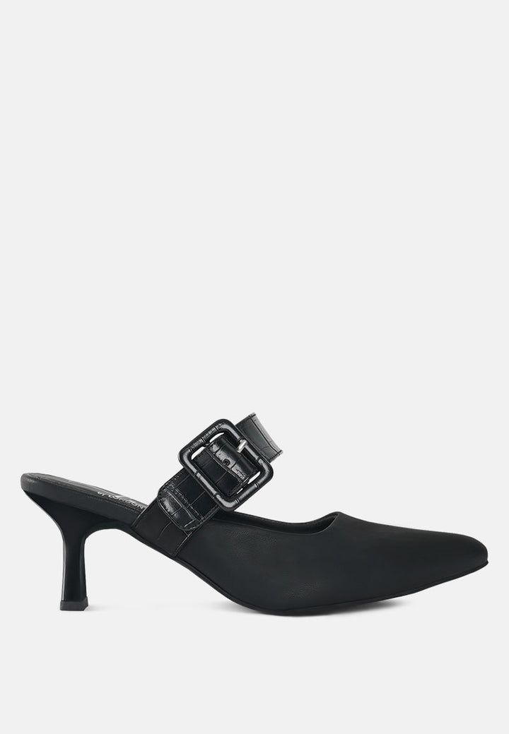 women croco buckle strap detail mules#color_black