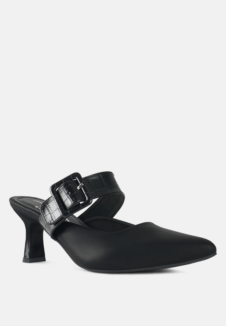 women croco buckle strap detail mules#color_black