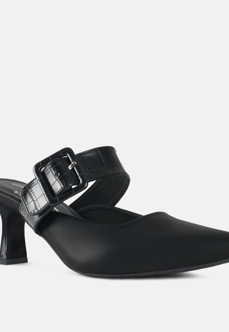 women croco buckle strap detail mules#color_black