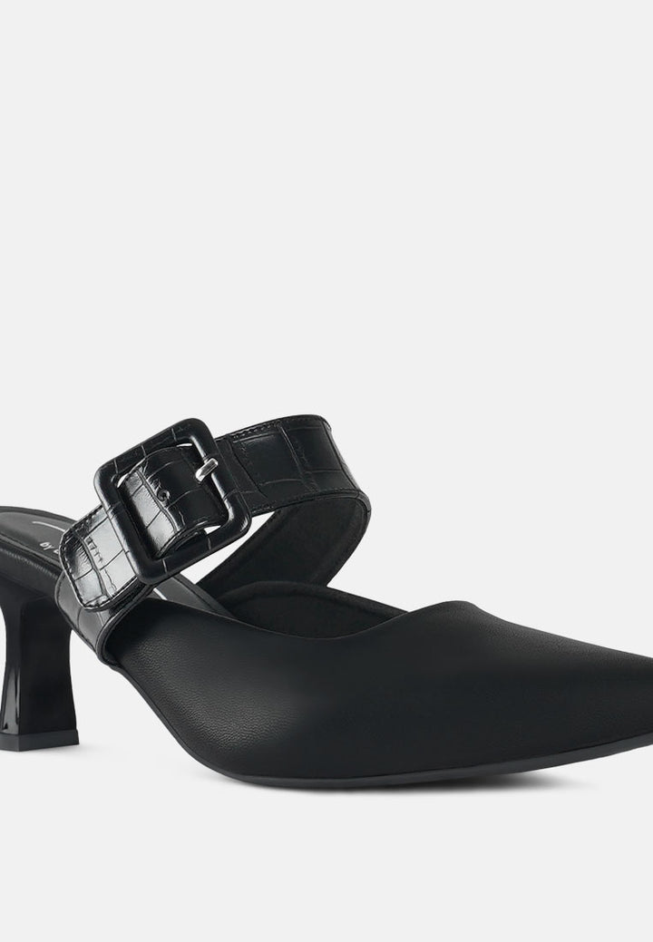 women croco buckle strap detail mules#color_black