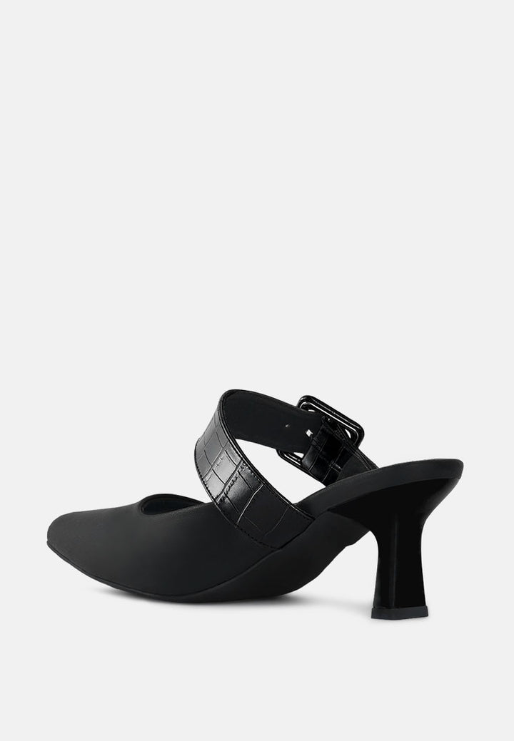women croco buckle strap detail mules#color_black