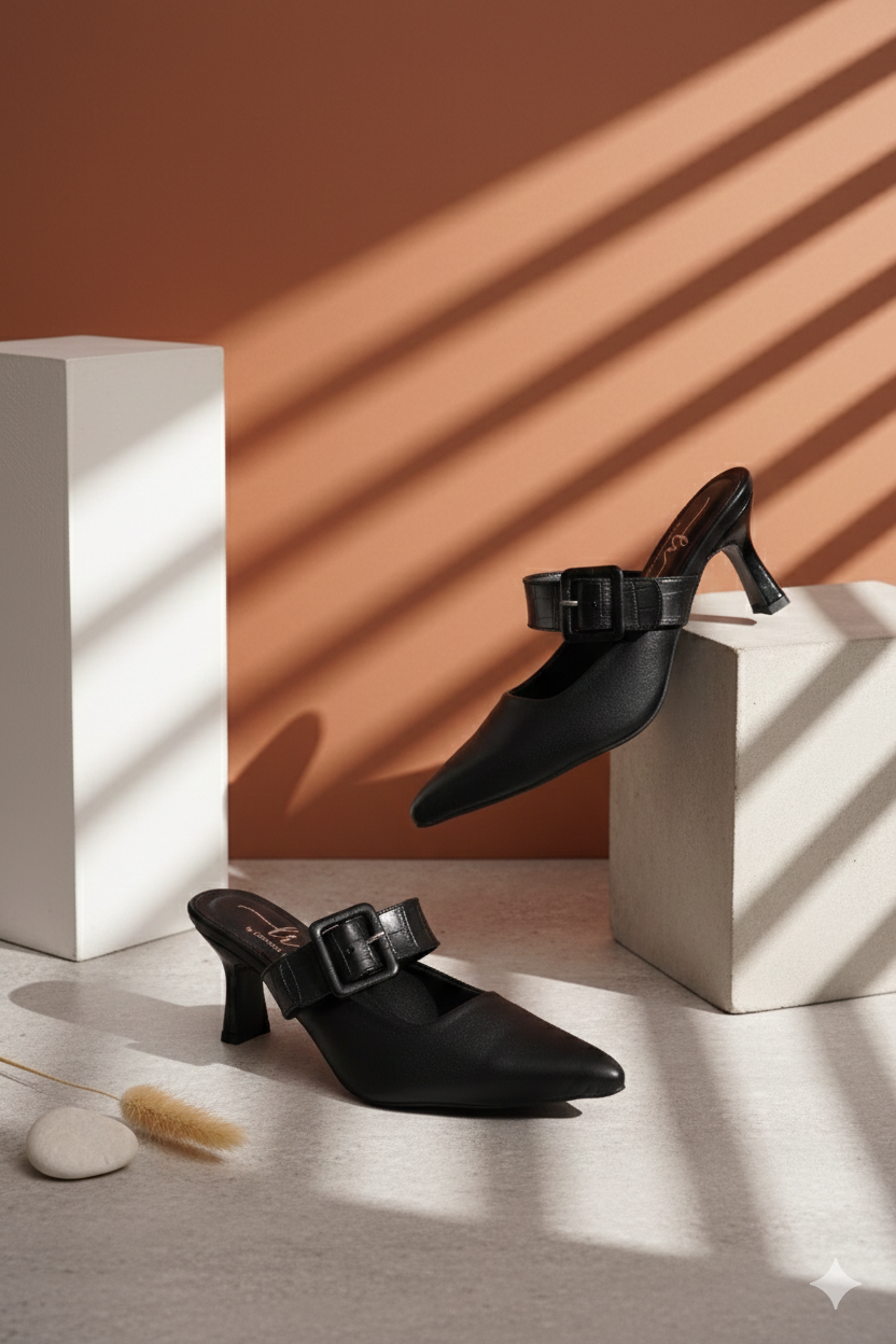 women croco buckle strap detail mules#color_black