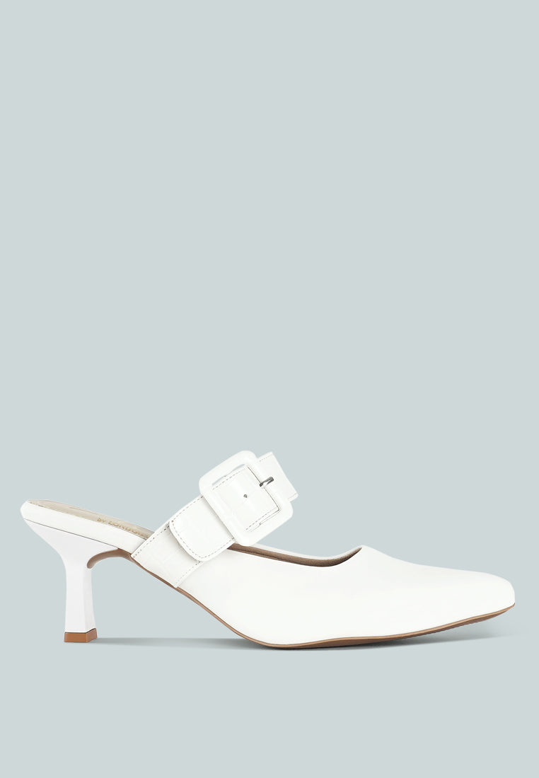 women croco buckle strap detail mules#color_white