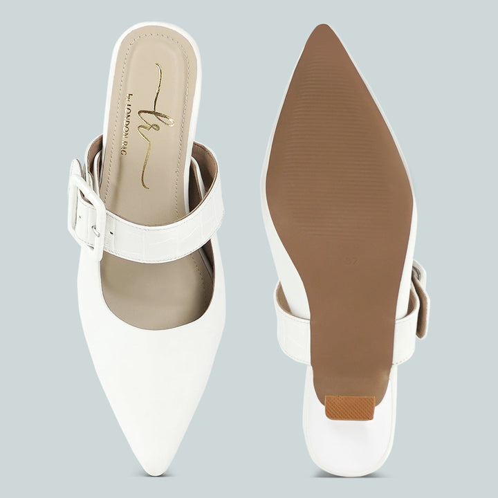 women croco buckle strap detail mules#color_white