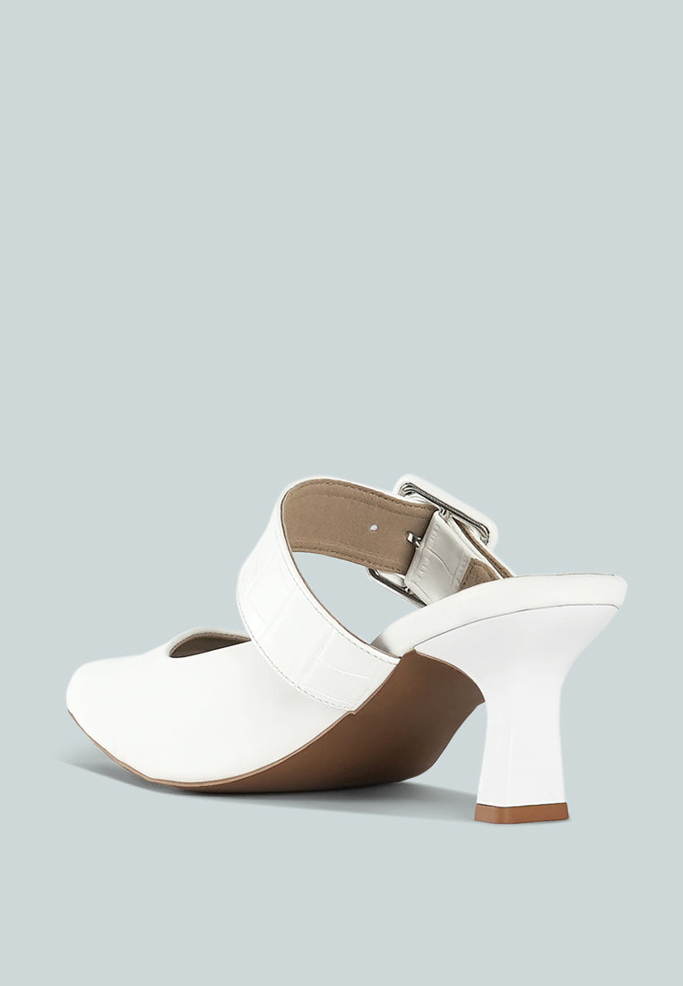 women croco buckle strap detail mules#color_white