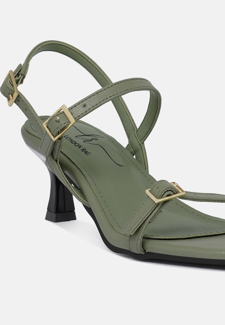 women strappy faux leather kitten heels#color_olive-green