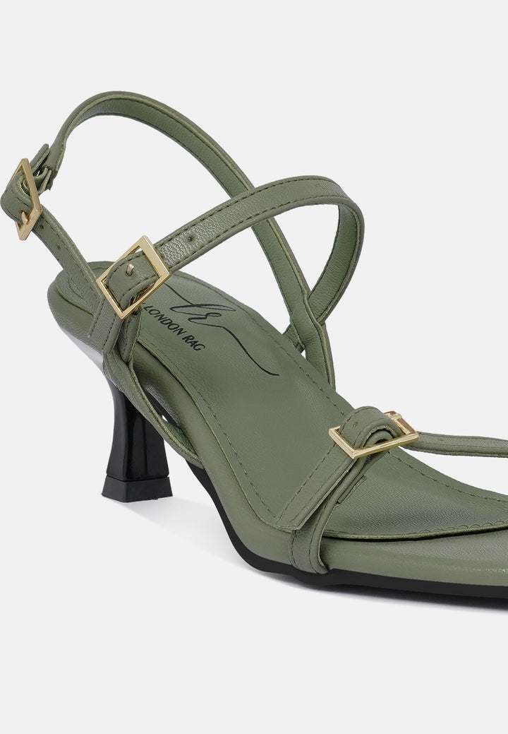 women strappy faux leather kitten heels#color_olive-green