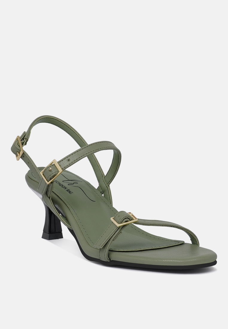 women strappy faux leather kitten heels#color_olive-green