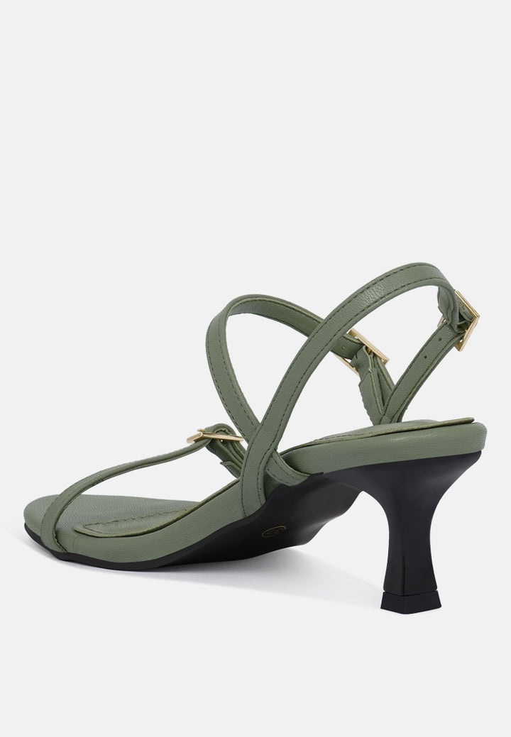 women strappy faux leather kitten heels#color_olive-green