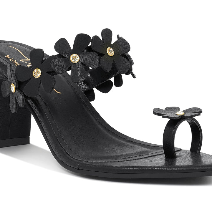 women floral applique slip-on block heels#color_black