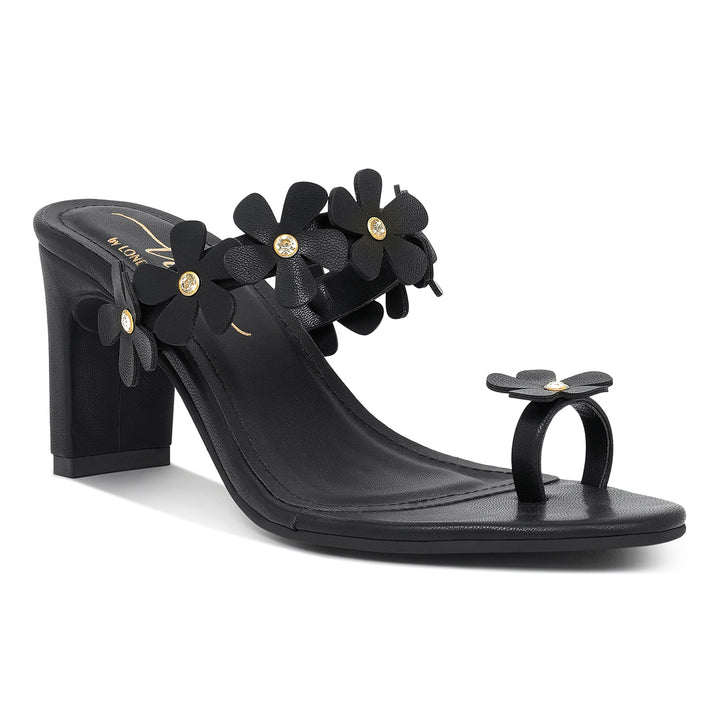 women floral applique slip-on block heels#color_black