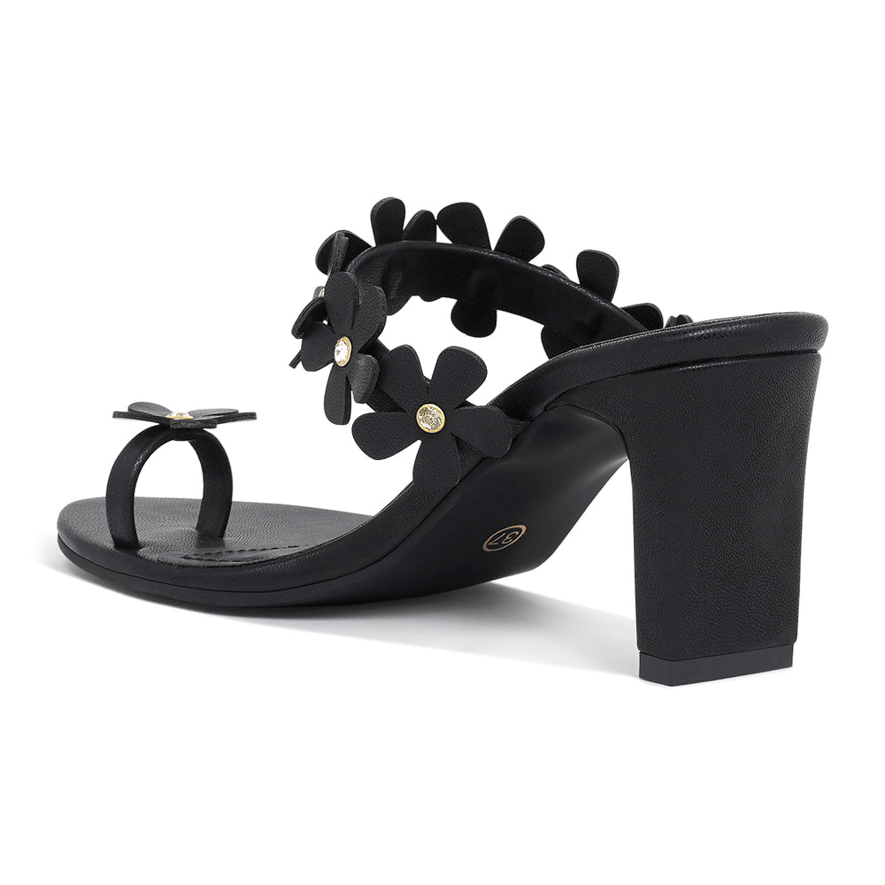 women floral applique slip-on block heels#color_black